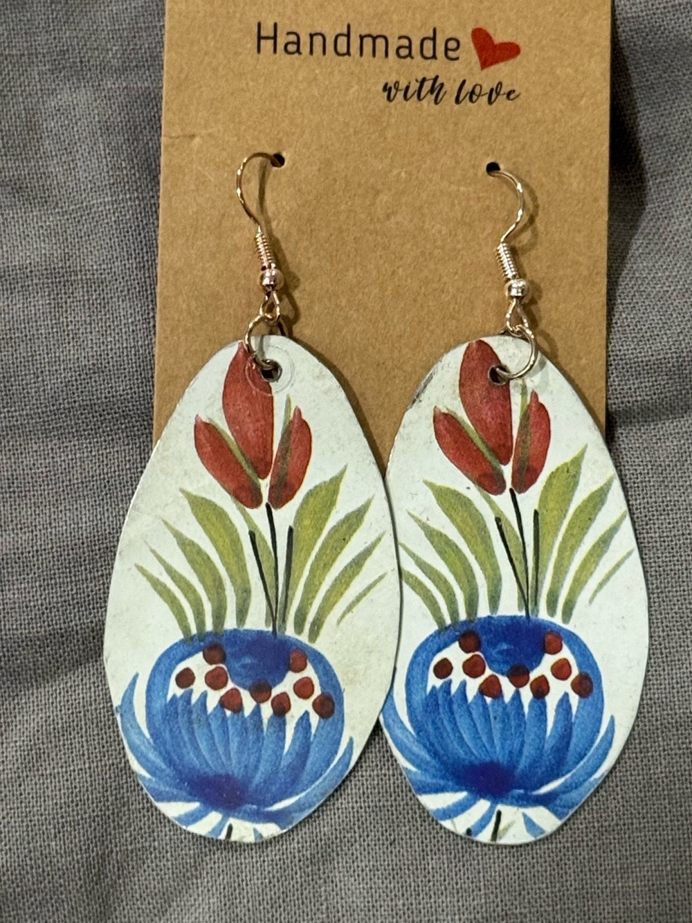 Handmade Floral Drop Earrings in Blue, Red & Green